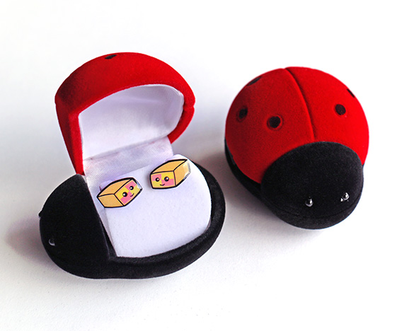 Battenberg earrings in a cute ladybird box