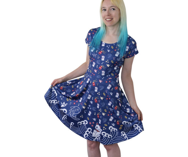 Blue Lucky Cat Skater Dress